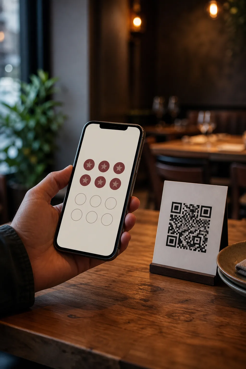 A customer scanning a QR code to collect digital loyalty stamps at a restaurant